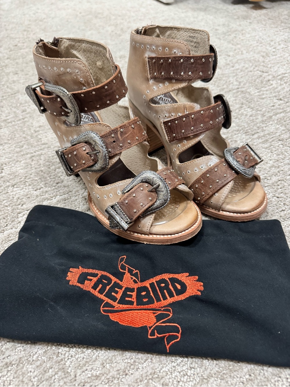 Freebird Violet by Steven Tan and Brown Studded Buckle Sandals